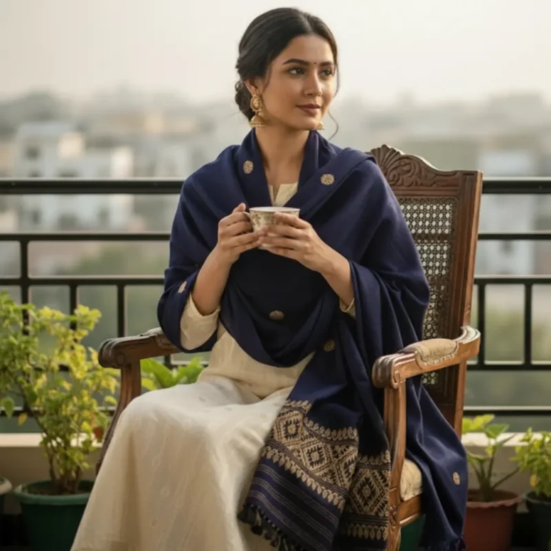 Indigo Bloom Wrap Eri Silk Shawl Muga Work