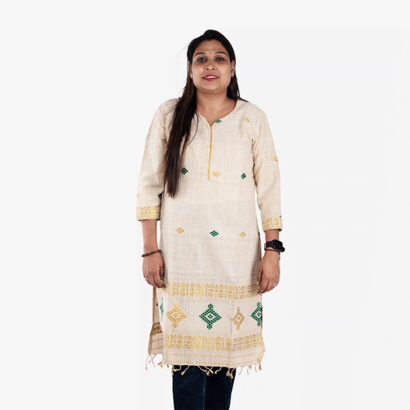 cream with golden and green kurti