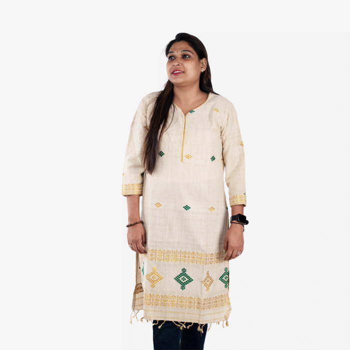 cream with golden and green kurti