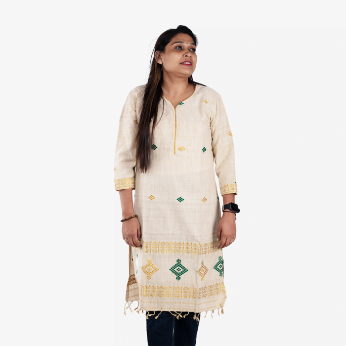 cream with golden and green kurti