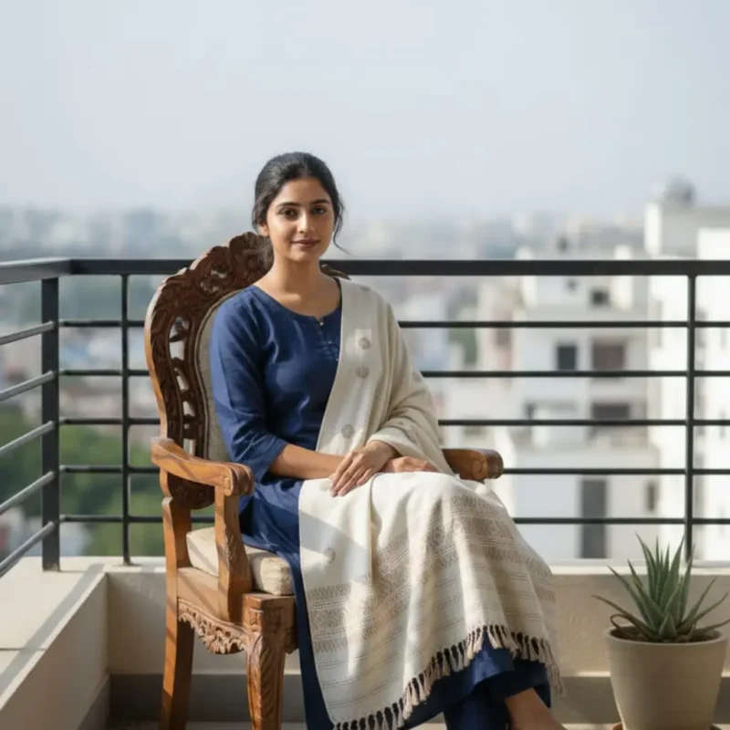 Ivory Saanjh – Eri Silk Shawl Muga Work