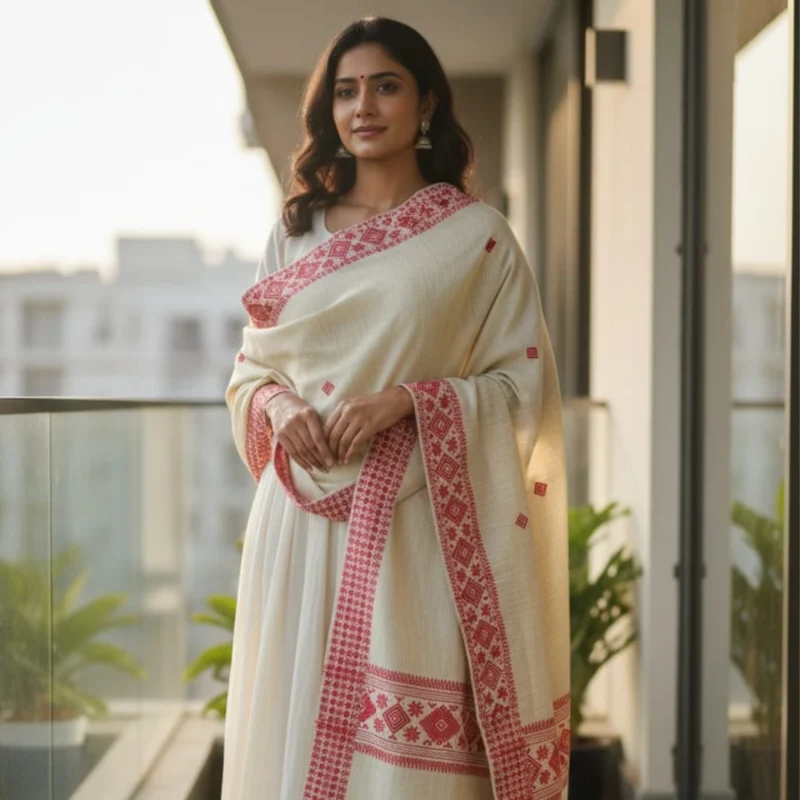 Vasudha Red Border Handloom Side Border Stole